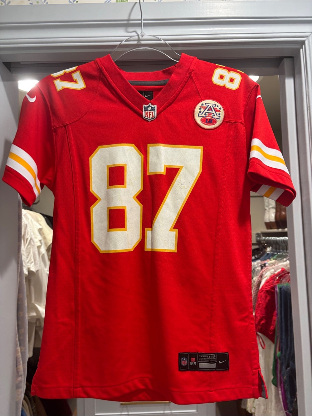 Nike Red and White #87 Football Jersey with Gold Accents